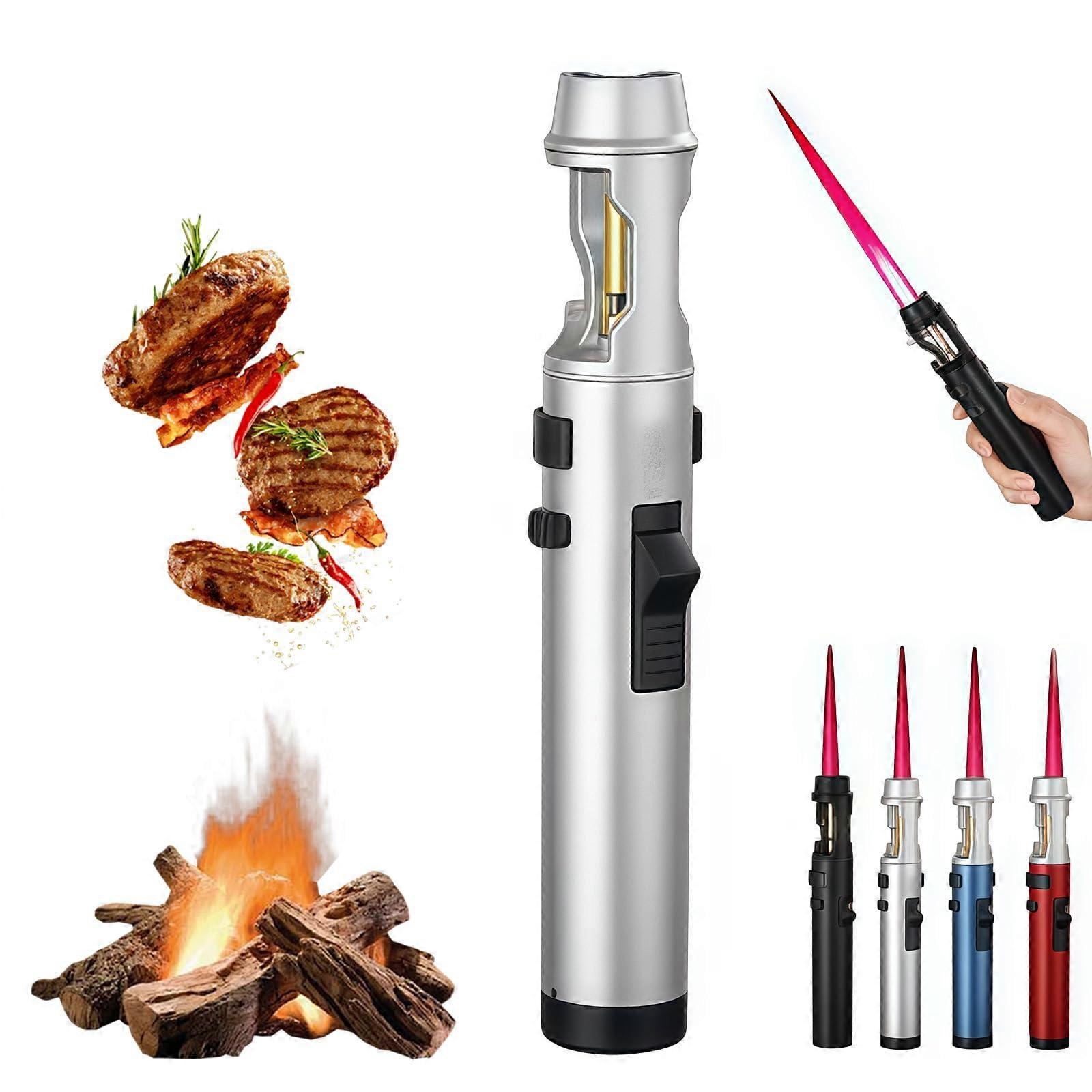 Windproof Butane Refillable Lighter with Adjustable Straight Flame for Camping and BBQ (Silver)