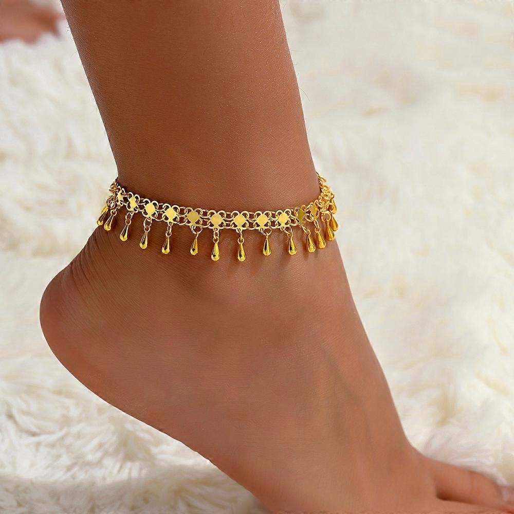 4pcs Brass Tassel Teardrop Charm Anklets  golden