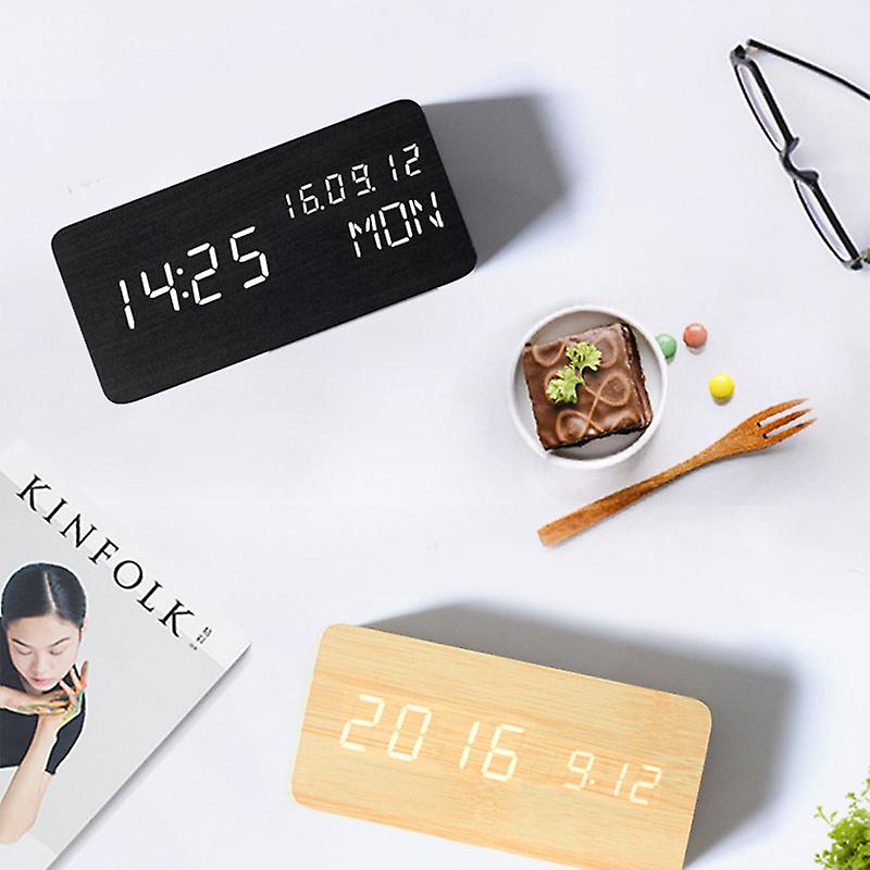 Multifunctional LED Wooden Electronic Digital Alarm Clock with Light Mute Temperature Dual Display