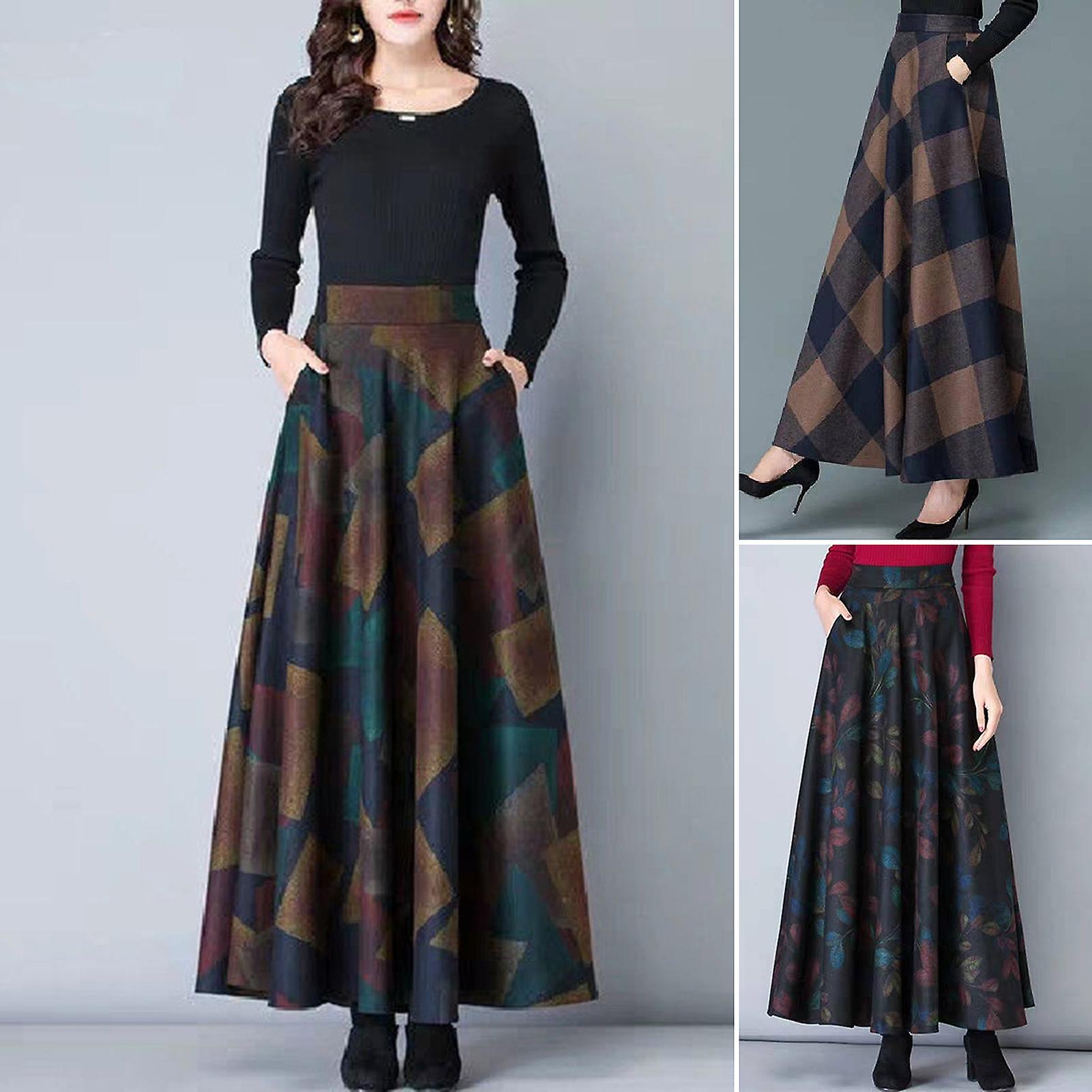 Elastic Waist Side Pockets Large Hem Plus Size Retro Skirt Autumn Winter Plaid Print High Waist A-Line Maxi Skirt Female Clothing
