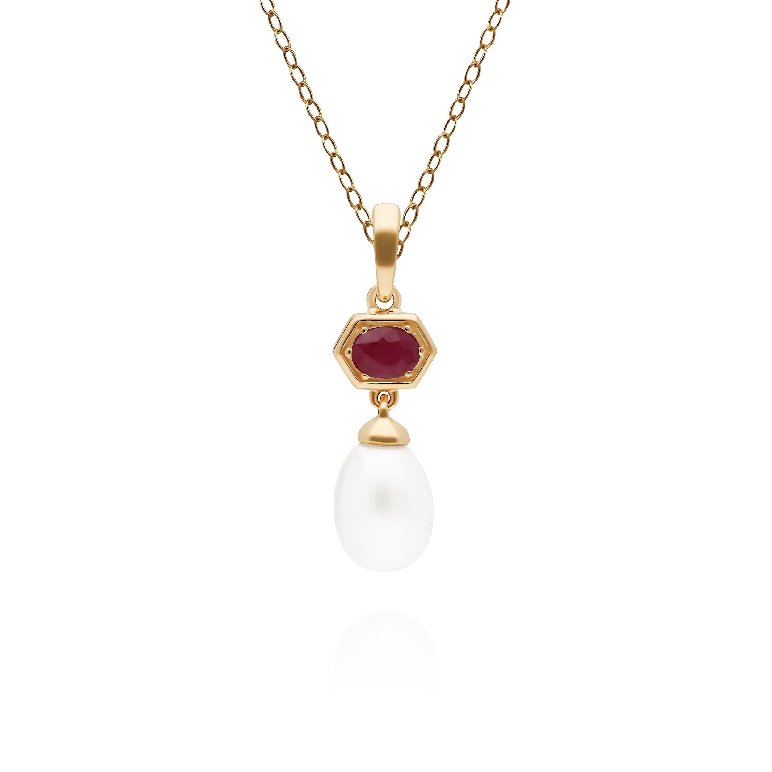 Modern Pearl & Ruby Hexagon Drop Pendant Necklace in Gold Plated Sterling Silver 270P030202925