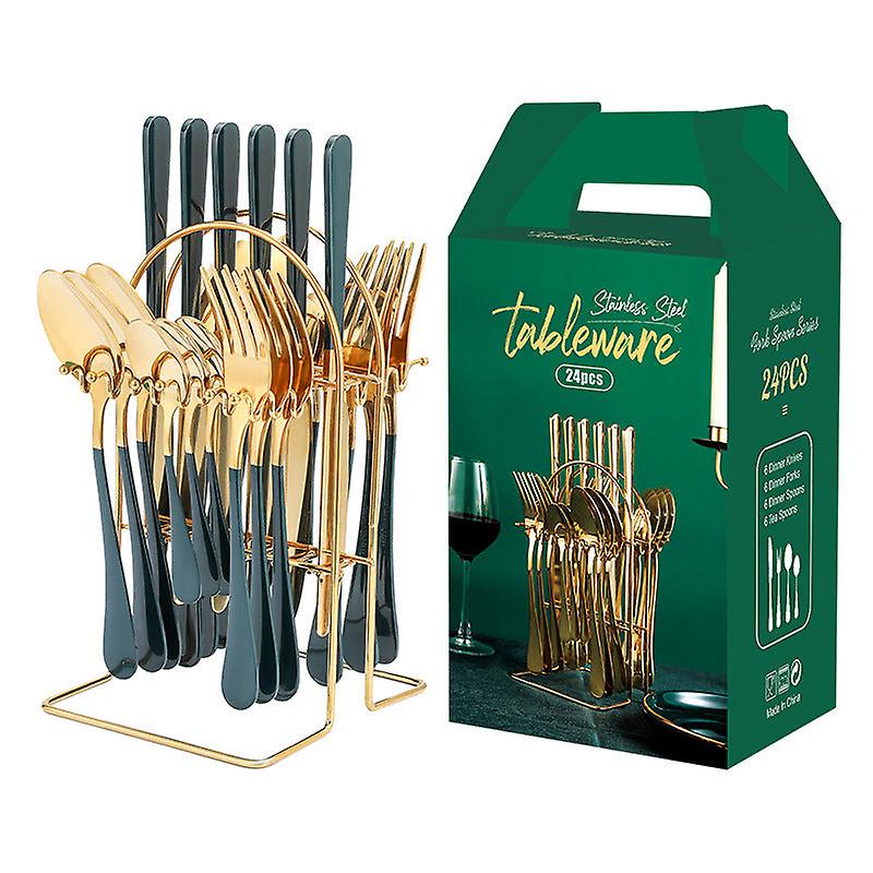 Stainless Steel Tableware Set Western Tableware Knife Fork And Spoon 24-piece Set 24-piece rack-gree