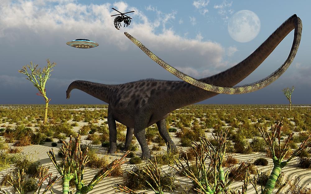 Insectoid drones attack a Diplodocus dinosaur. Poster