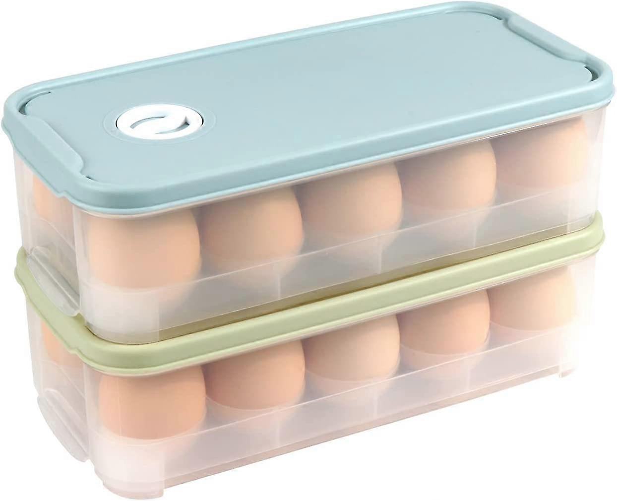 2 Pieces Plastic Egg Box, Egg Storage Box, Egg Tray for Kitchen Refrigerator (Light Blue + Light Green)