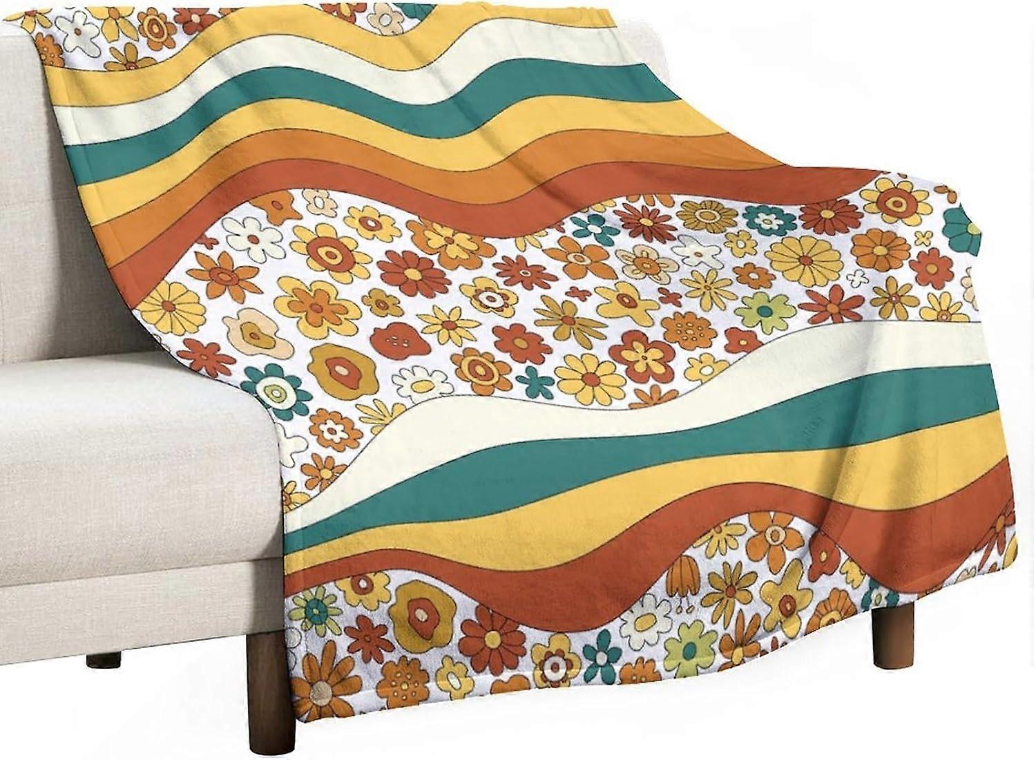 70s بطانية رمي الأزهار الرجعية ، بوهو رائع متموج هندسي الهبي لطيف الزهور الأصفر البرتقالي مجردة طباعة بطانية لقضاء العطلات موضوع ديكور المنزل Beddi