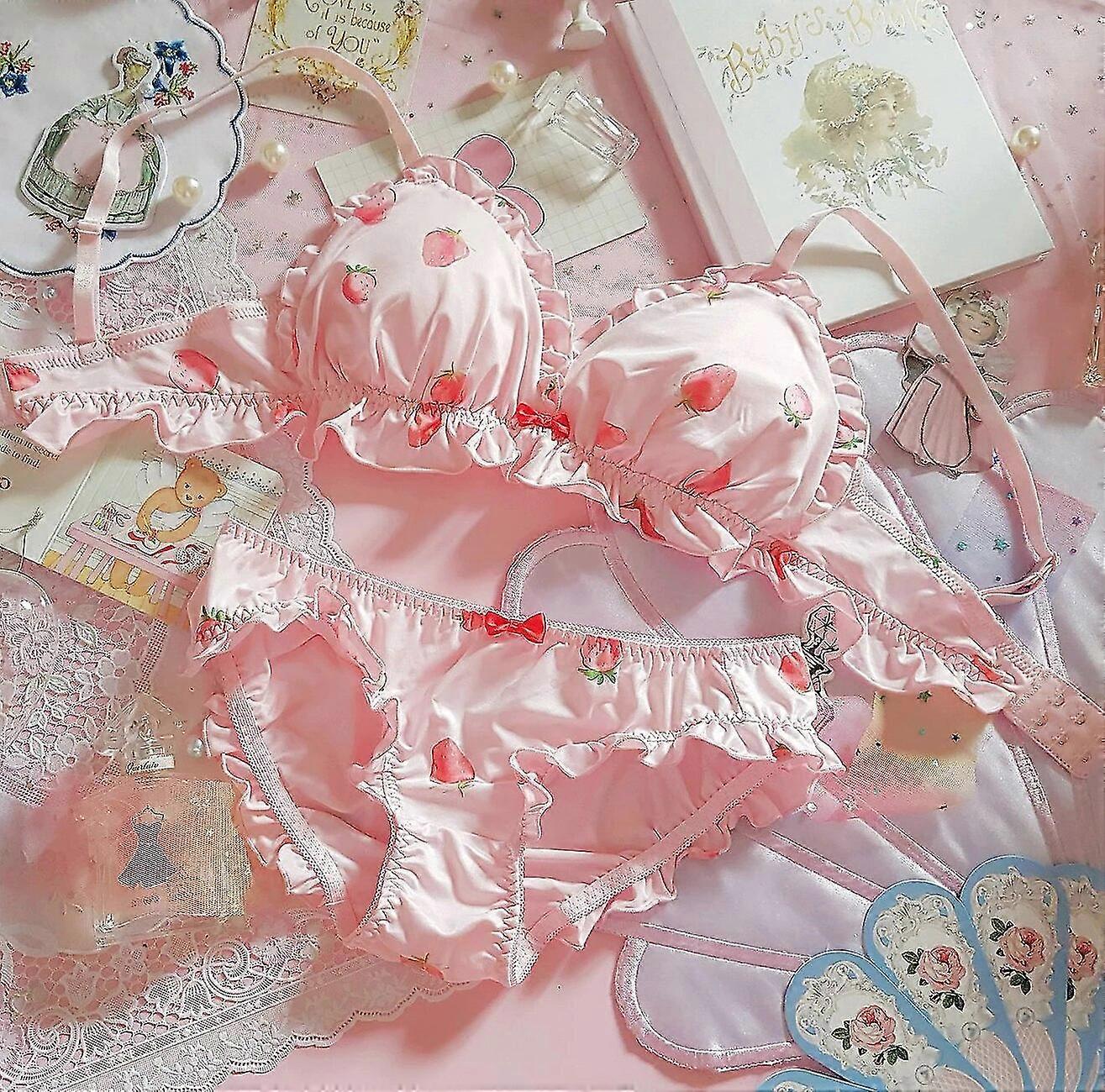 Strawberry Cute Japanese Milk Silk Bra & Panties Set Wirefree Soft Underwear Set Kawaii Lolita Bra and Panty Set Pink Lingerie