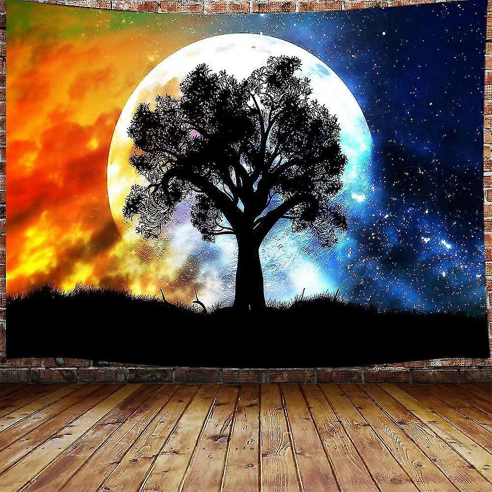 Psychedelic moon tapestry, black tree colorful starry sky galaxy star tapestry hanging in the bedroom