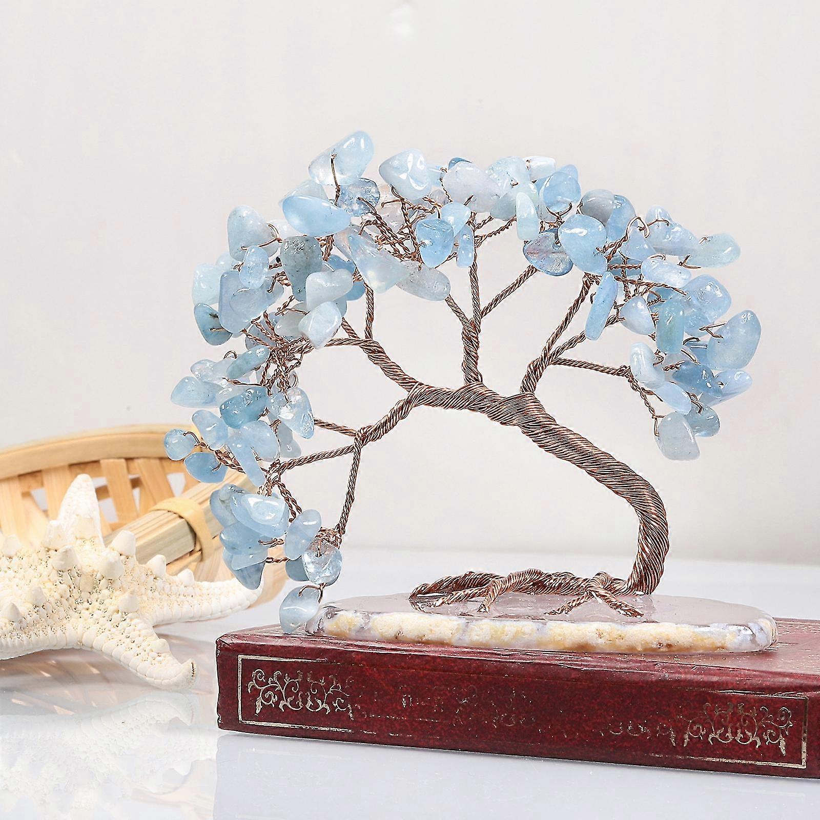 Handmade Colorized Crystal Money Tree For Good Luck Wealth Health, Figurine Bonsai On Natural Agate Slab