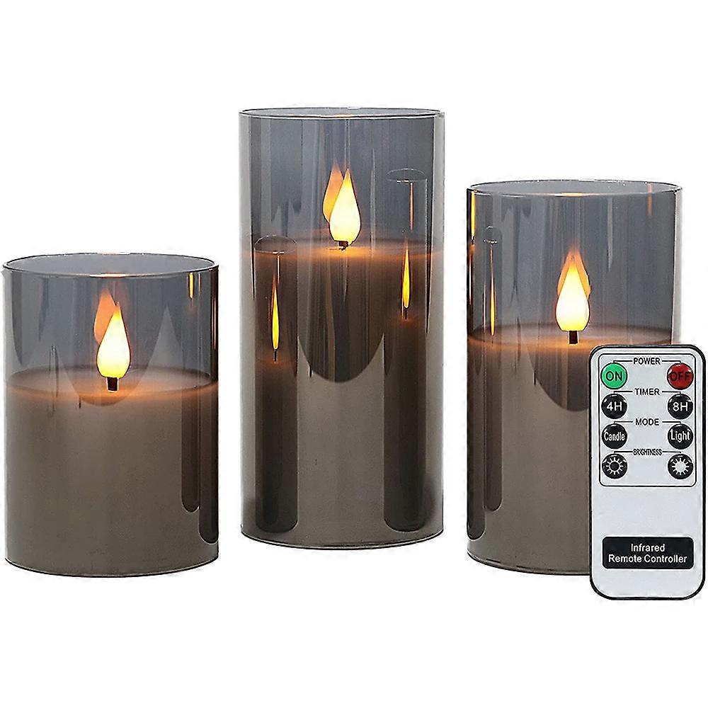 Grau flammenlose Kerzen im Glas, 3 Glaswindlichter mit Fernbedienung und Timerfunktion, warmweie Licht mit Batterien enthalten