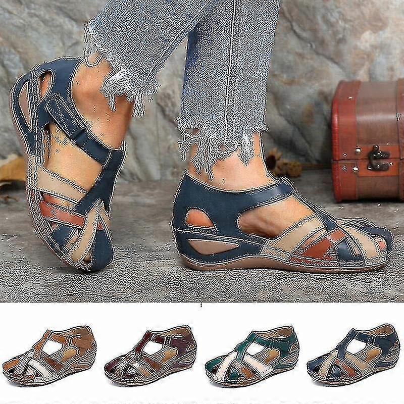 Lollita Orthopedic Plus Sandals Pu Leather Retro Arch Support Comfy Round Toe Sandals For Women Toe