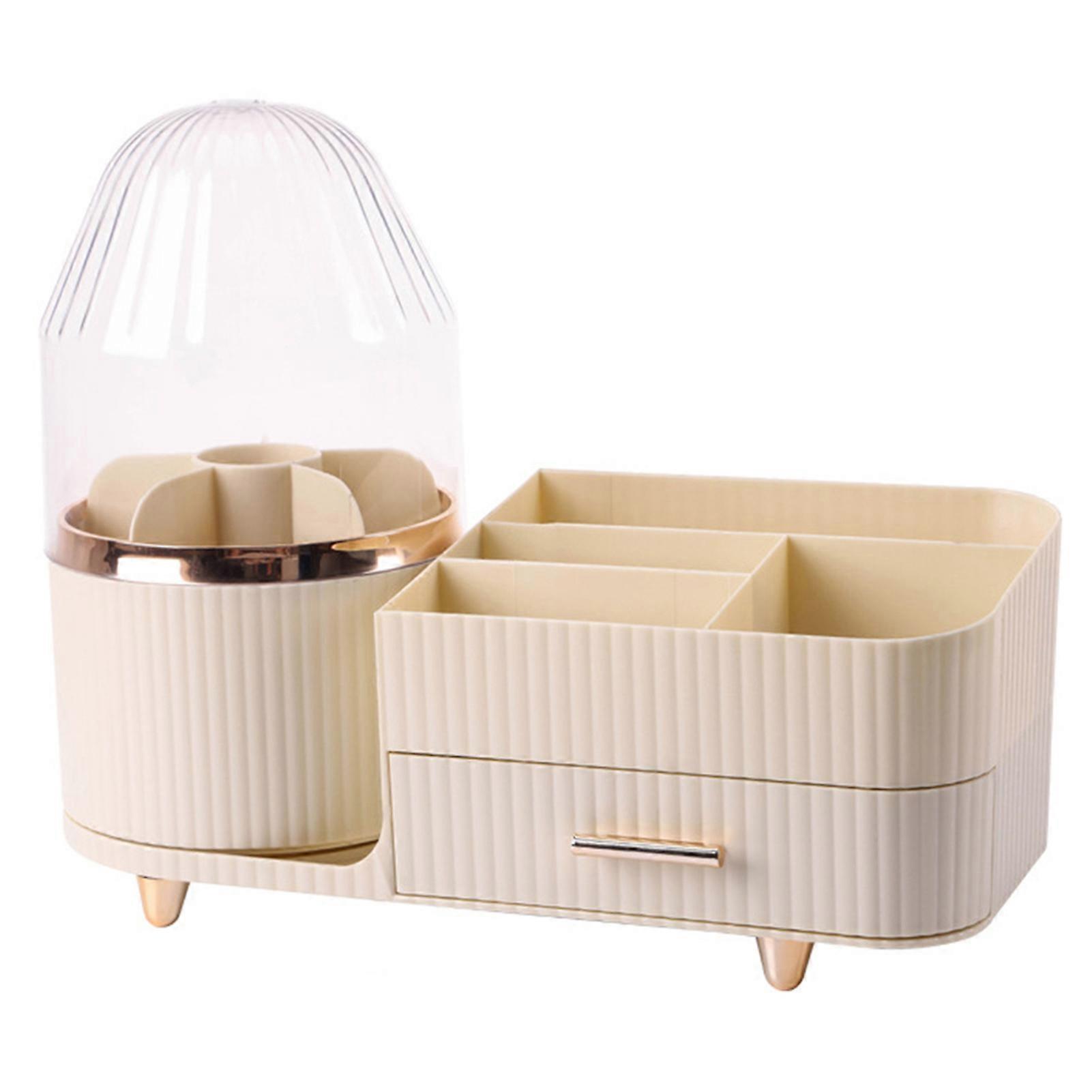 Rotating Makeup Brush Holder with Drawer Cosmetic Storage Box for Vanity Desktop Bathroom