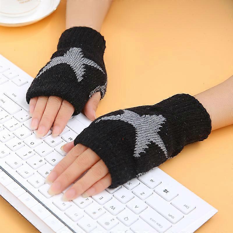 Women\'s Winter Warm Knitted Fingerless Gloves Cartoon Five-pointed Star Pattern Screen Touching