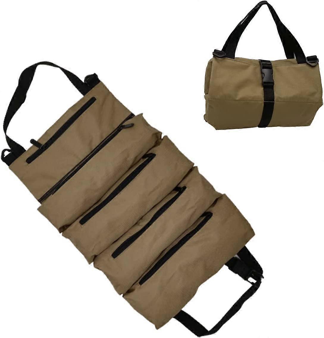 Tool Roll Bag, Multi-Purpose Tool Roll Up Bag, Car Tool Roll Storage Bags, 5 Zipper Pocket Design (Khaki)