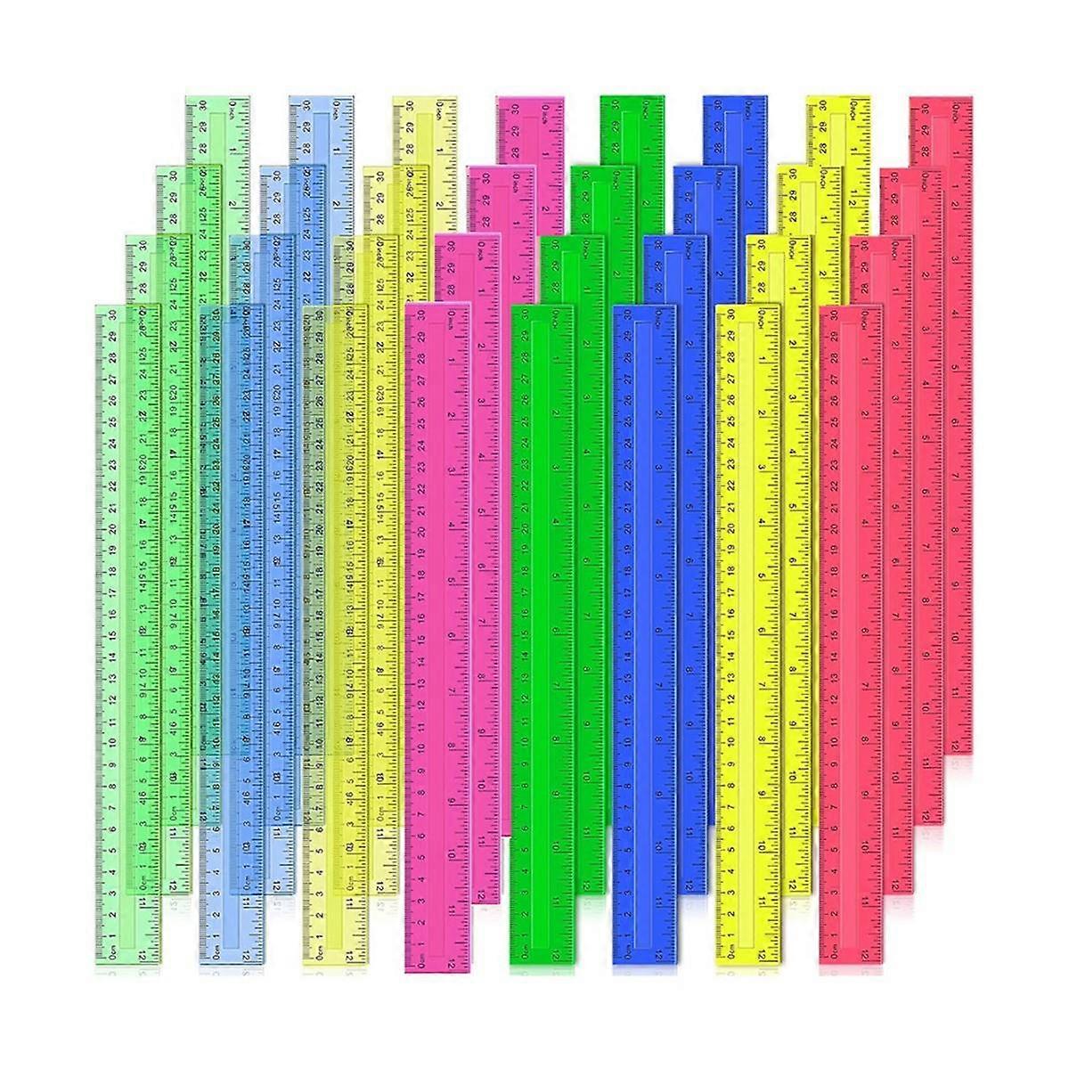12 Inch Plastic Rulers, 32 PCS Transparent Assorted Color Metric Bulk Rulers with Inches Centimeter