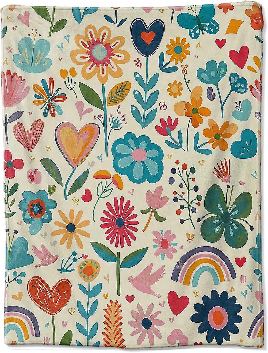 Jardin fantaisiste : couverture en flanelle douce avec des fleurs colorées, des cœurs et des arcs-en-ciel, 50x60 pouces