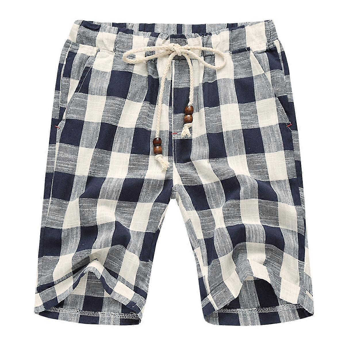 VAWAN Men's Shorts Cotton Drawstring Plaid Shorts