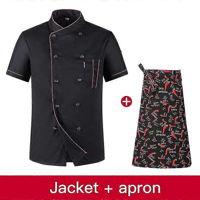 Huamde 2019 Köche Kurzarm Sommer Set Restaurant Hotel Küche Arbeitskleidung Männer Und Frauen Jugend Atmungsaktive Dünne Jacke + Hut + Schürze, Jacke Schürze4