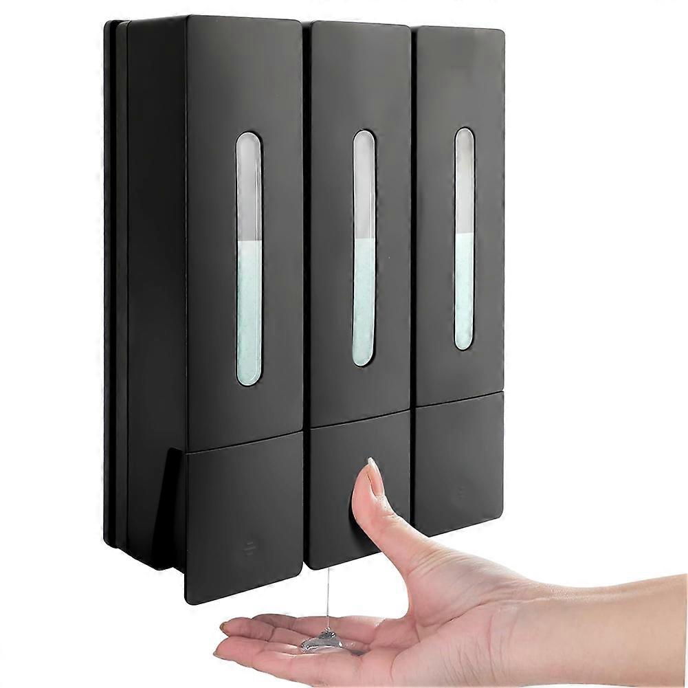 Distributore di sapone liquido Press da 400 ml, 3 camere, montaggio a parete, per bagno, doccia, contenitore per bottiglia di liquido per lavaggio dei capelli, nero