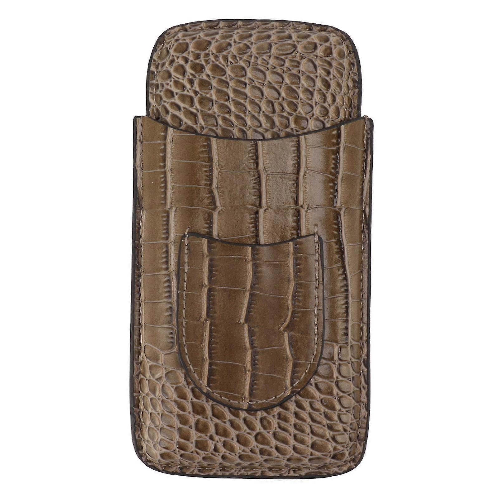 Portable Brown Leather 3 Finger Cigar Case with Frosted Finish for Travelling and Hiking
