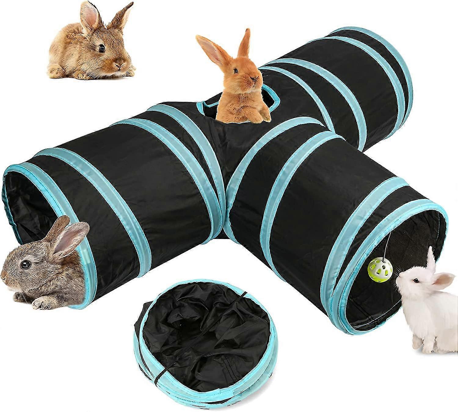 Bunny Tunnels & Tubes Pliable 3 Way Bunny Hideout Small Animal Activity Tunnel Toys For Dwarf Rabbits Bunny Guinea Pigs Kitty Blue -
