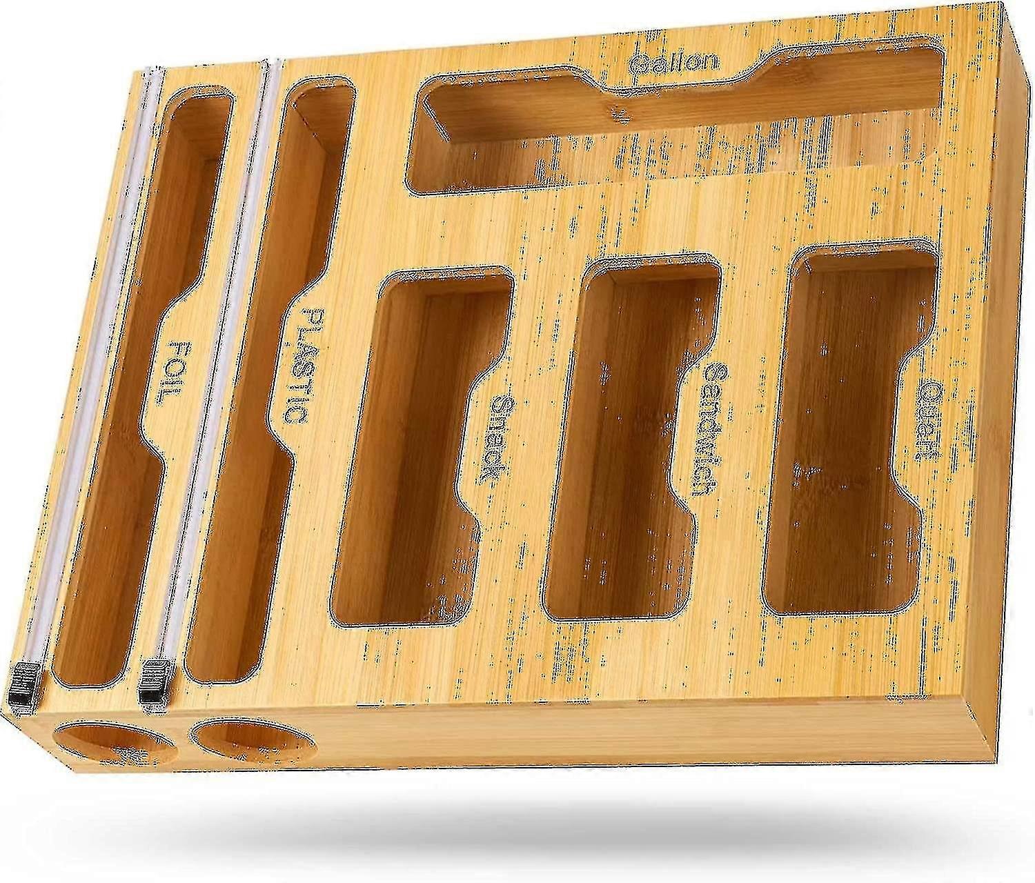 منظم تخزين الأكياس Ziplock Bamboo - موزع التفاف 6 في 1 مع قاطع ، مناسب للغالون ، Quart-FCY