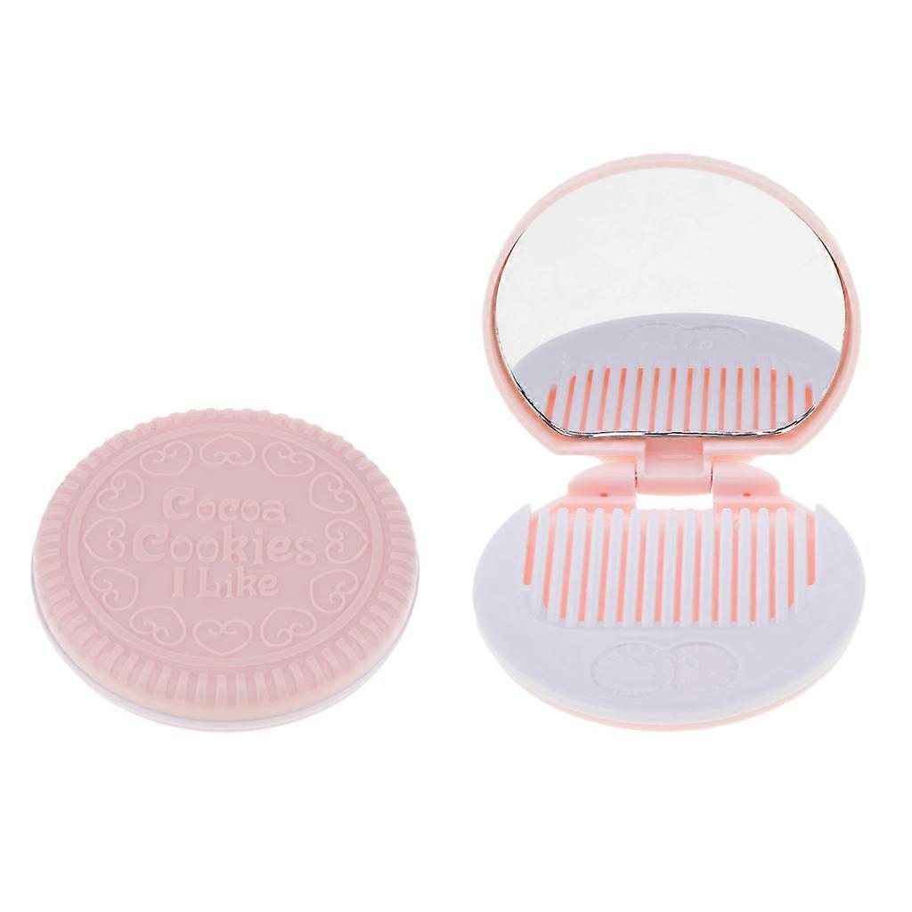 10x2 Round Foldable Make-up Mirror Compact with Comb  Bisque Size Cute Pink