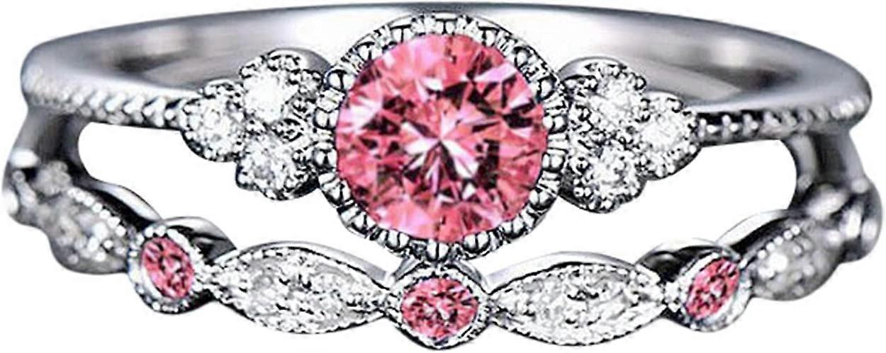 女性人工ジルコンリングツーピースリング象眼細工ラインストーン誕生日サイズ6-10(サイズ10、ピンク)
