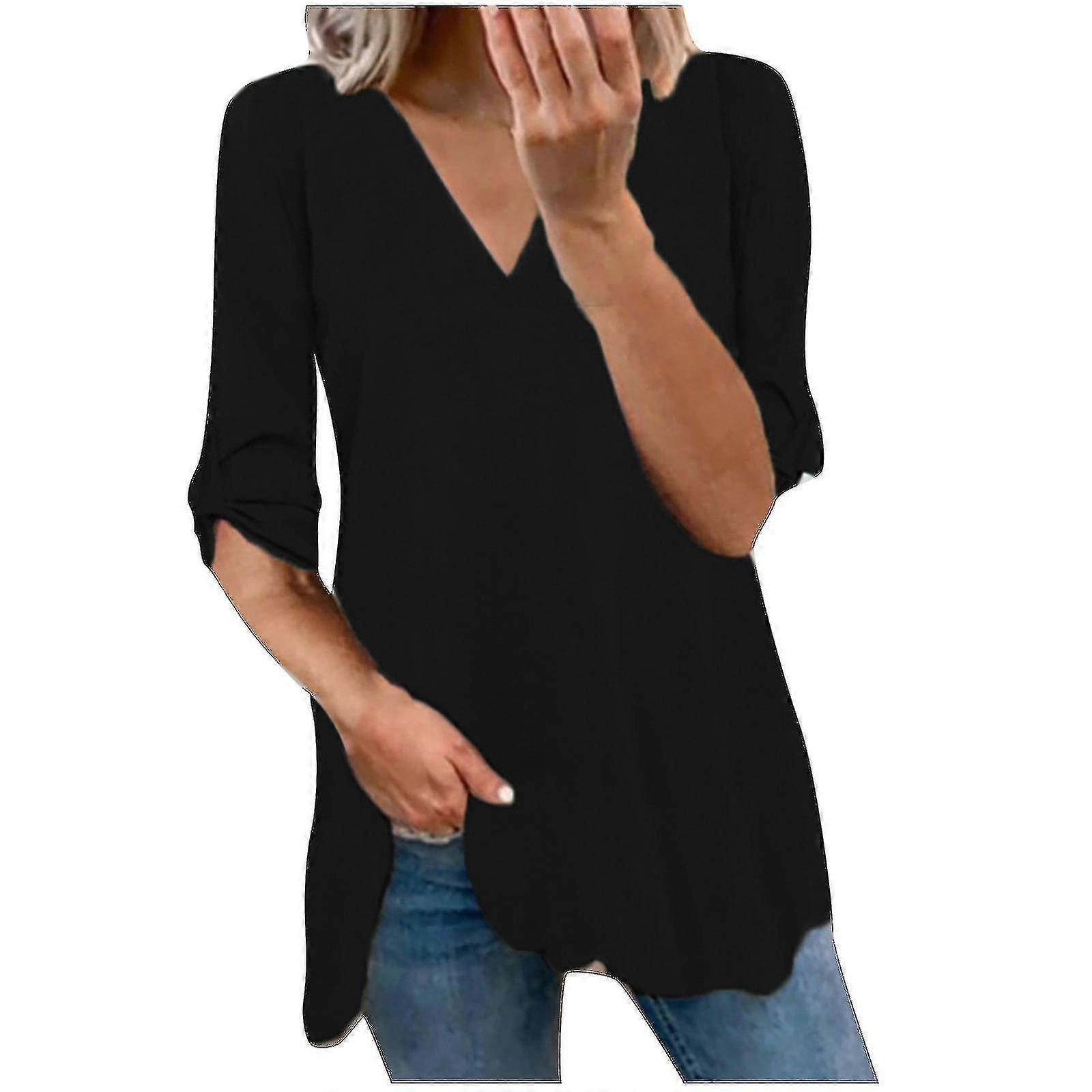 Women's Casual Långärmad Blus Hedging V-ringning Solid Shirts Tops