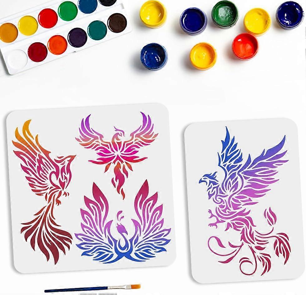4 Styles Phoenix Stencils for Painting 11.811.8/8.311.7inch Firebird Drawing Stencil with Paint Brush DIY Flying Phoenix Template for Wood Canvas Wall
