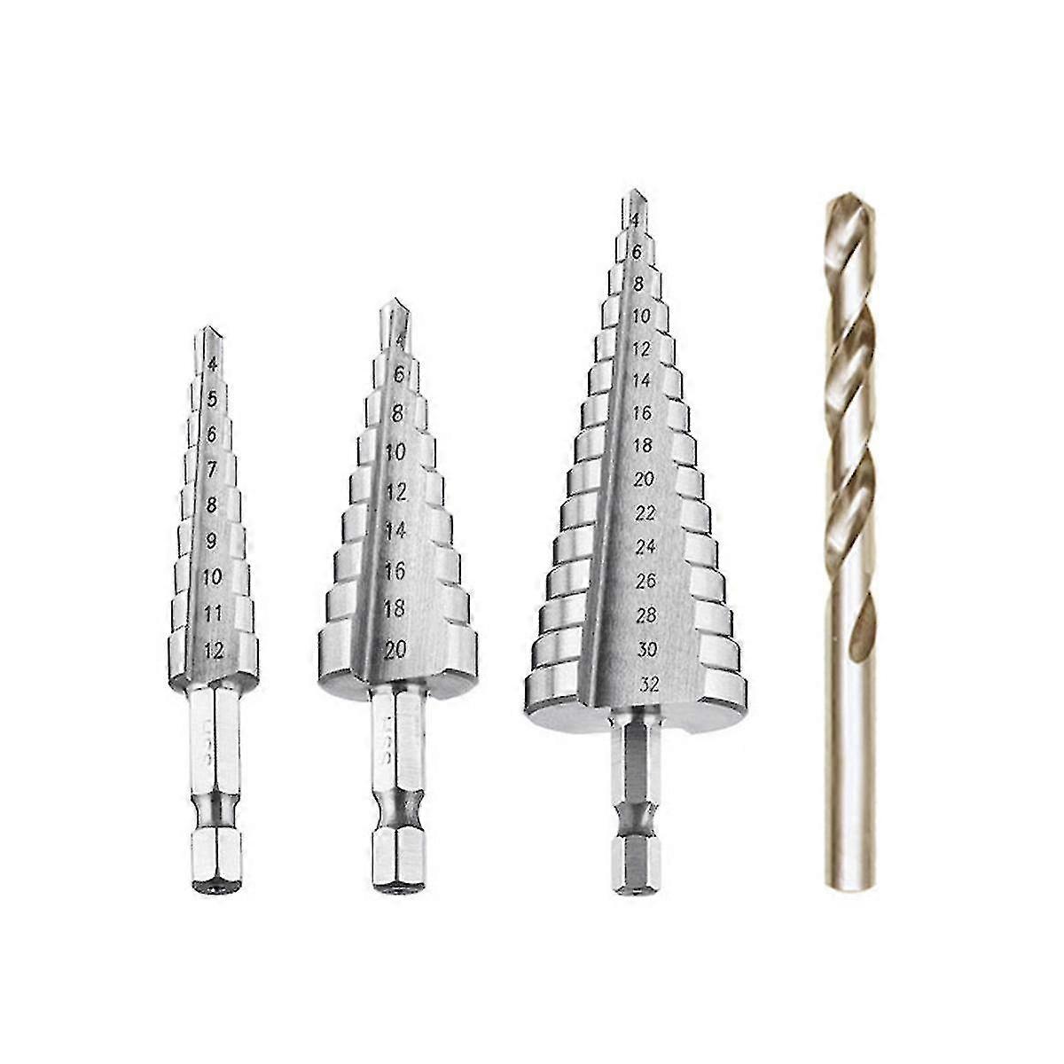 Step Drill Bits, 4 Pieces Hss Metal Countersink Bits 4-12/20/32mm Tapered Triangular Bits With Titanium Coating