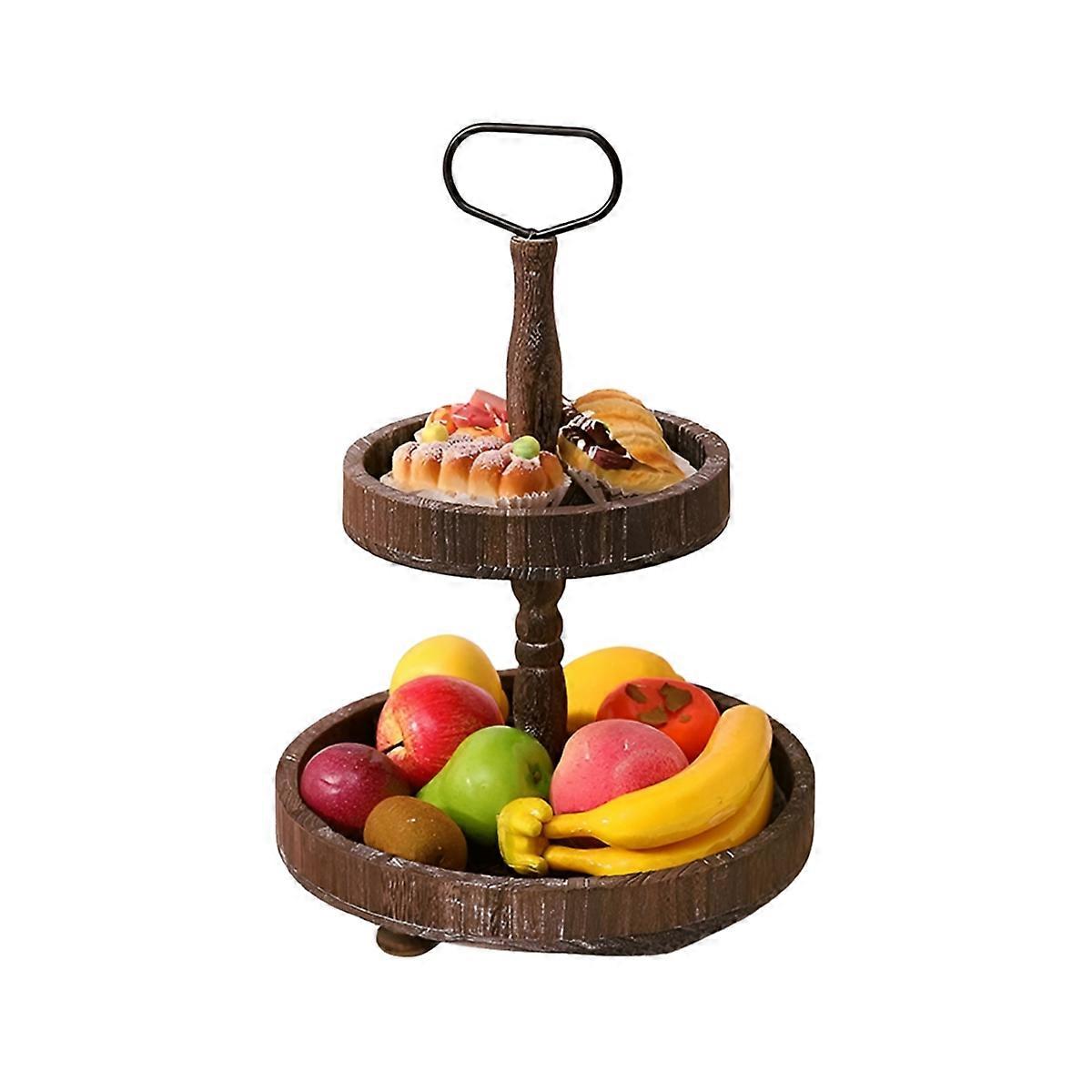 Rustic Style Wooden Tiered Tray, Farmhouse Decorative Tray, Round Tray with Metal Handles,Washed White