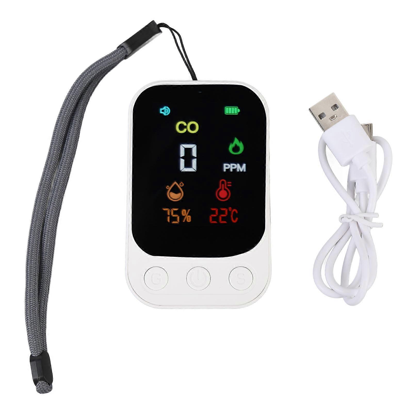 CO Detector Multifunctional Portable Temperature Humidity CO Tester for Travel Tent Picnic DC 5V White