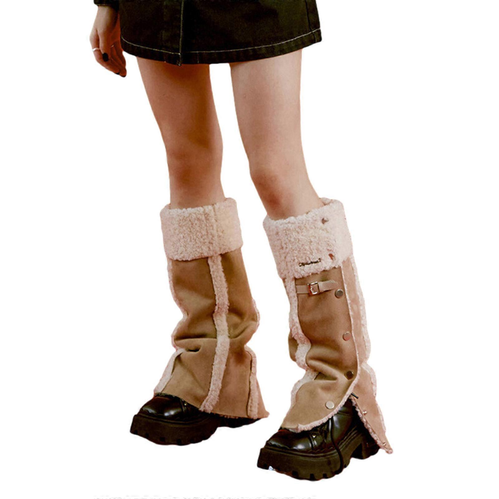 דמוי כבש צ'אמי טלאים כפתורי צד מחממי רגליים לנשים חורף חם אופנוע פאנק קטיפה כיסוי מגף גרביים ארוכות חום S