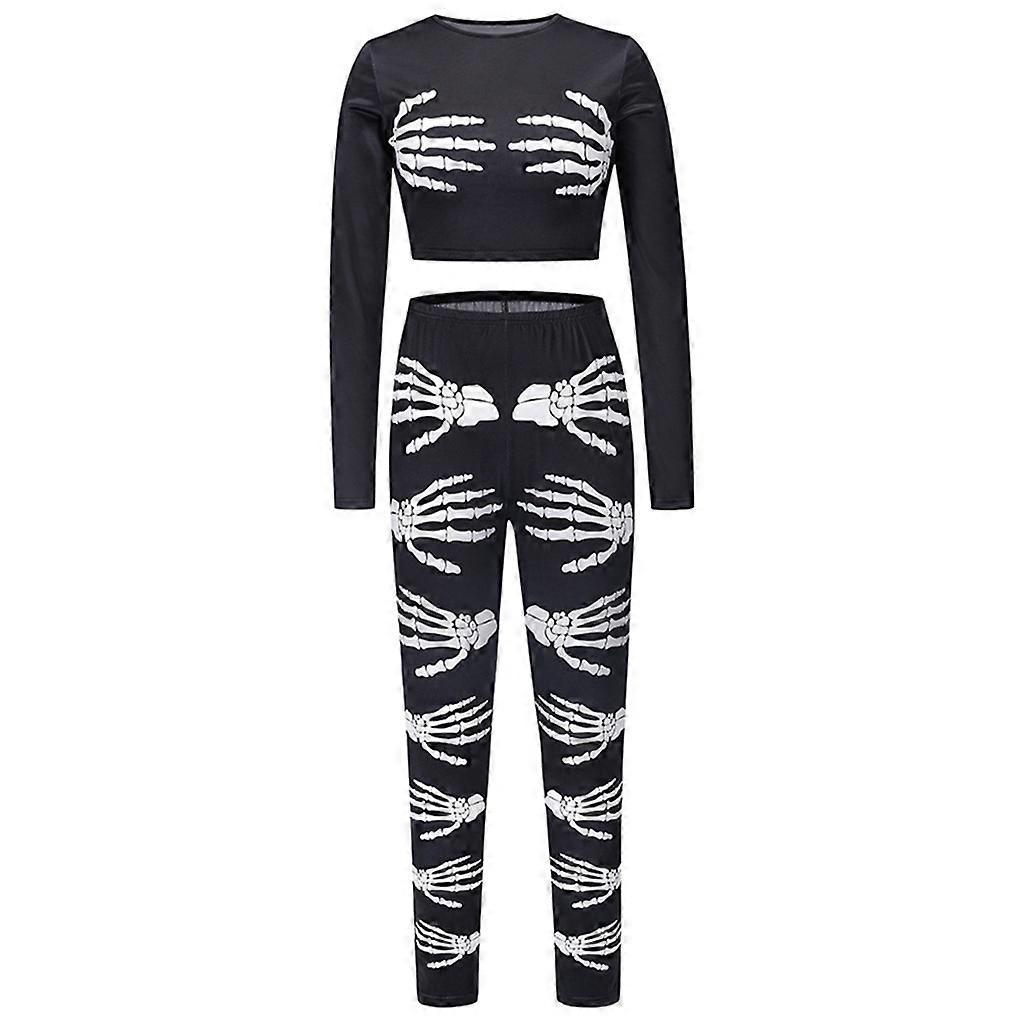 Womens Halloween 2pcs Outfit Long Sleeve Crop Top Slim Pants