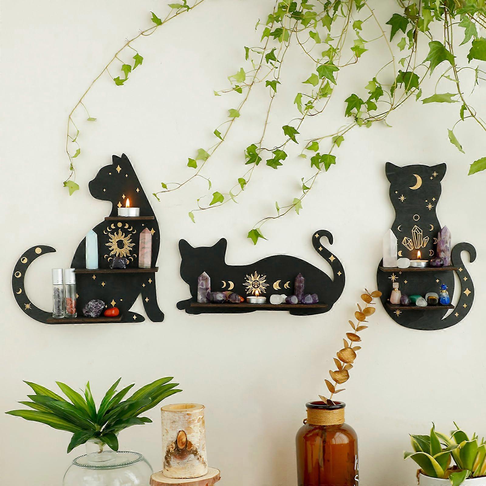 Crystal Shelf Display - 3 Black Cat Floating Shelves for Halloween Bedroom Decor, Witchy Room, Crystals and Stones Storage