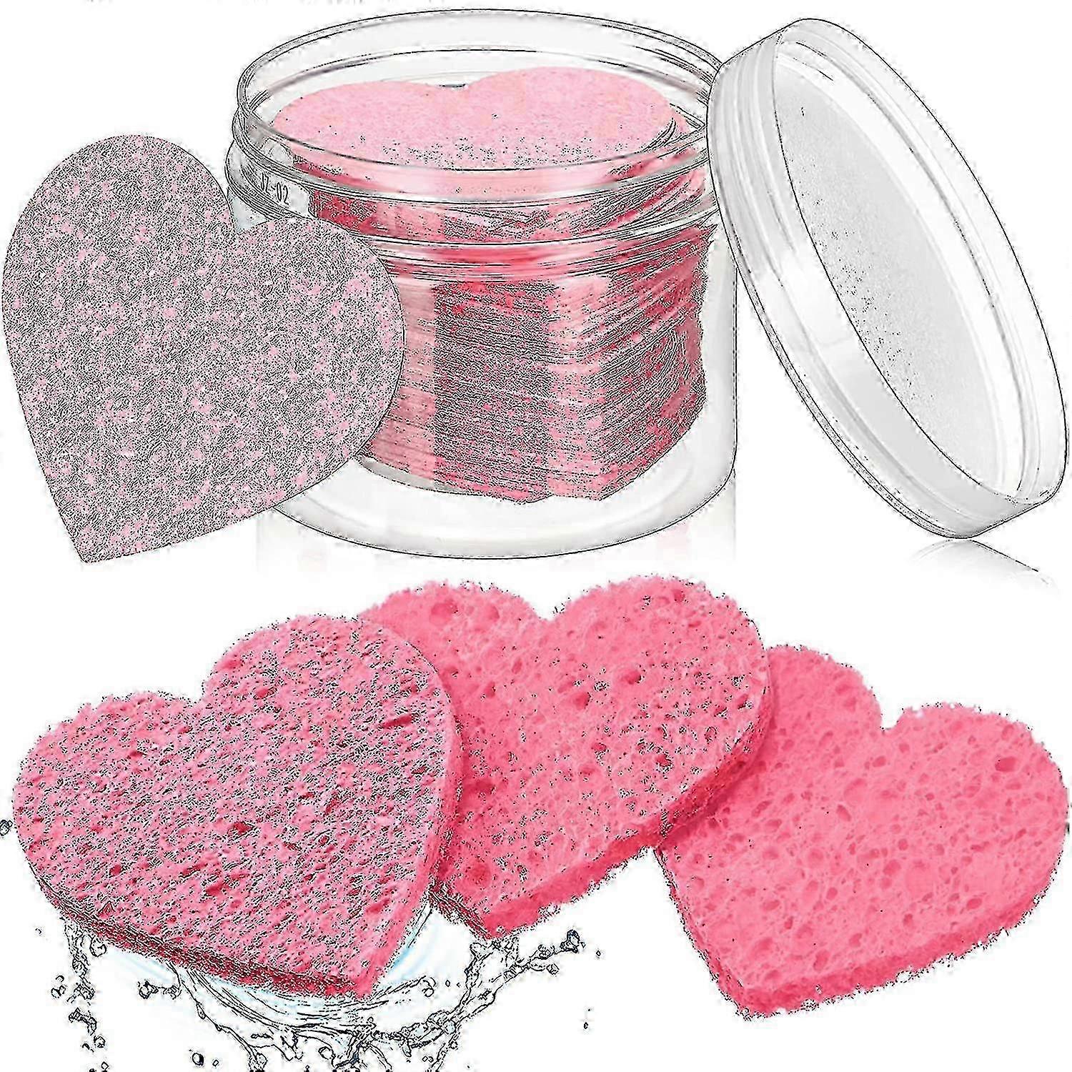 60pcsハート型圧縮フェイシャルスポンジ、コンテナ付き、ナチュラルピンクスポンジパッドTY