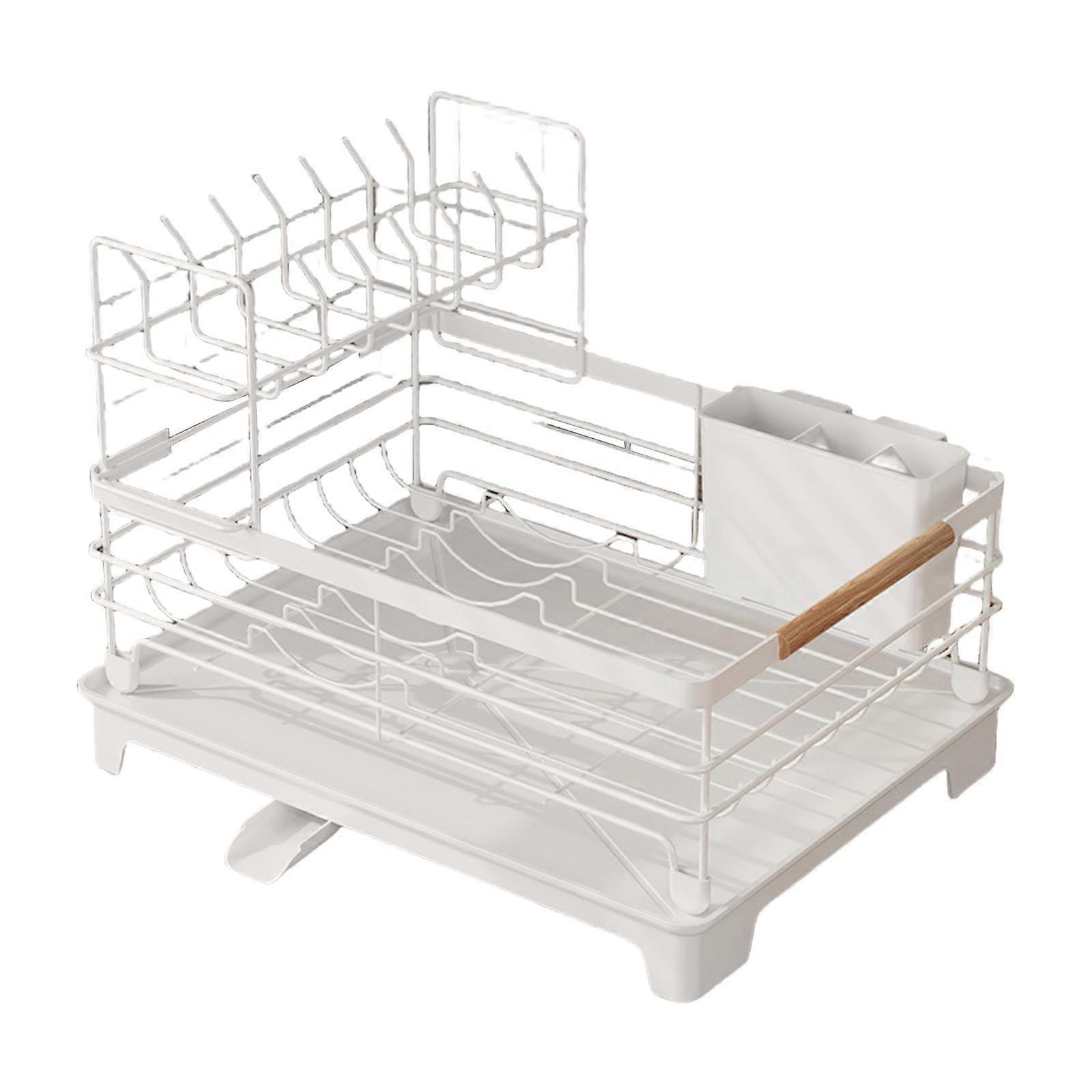 Kitchen Countertop Dish Drying Rack With Removable Drip Tray Rustproof Utensils Holder Drainer with Drain Board White