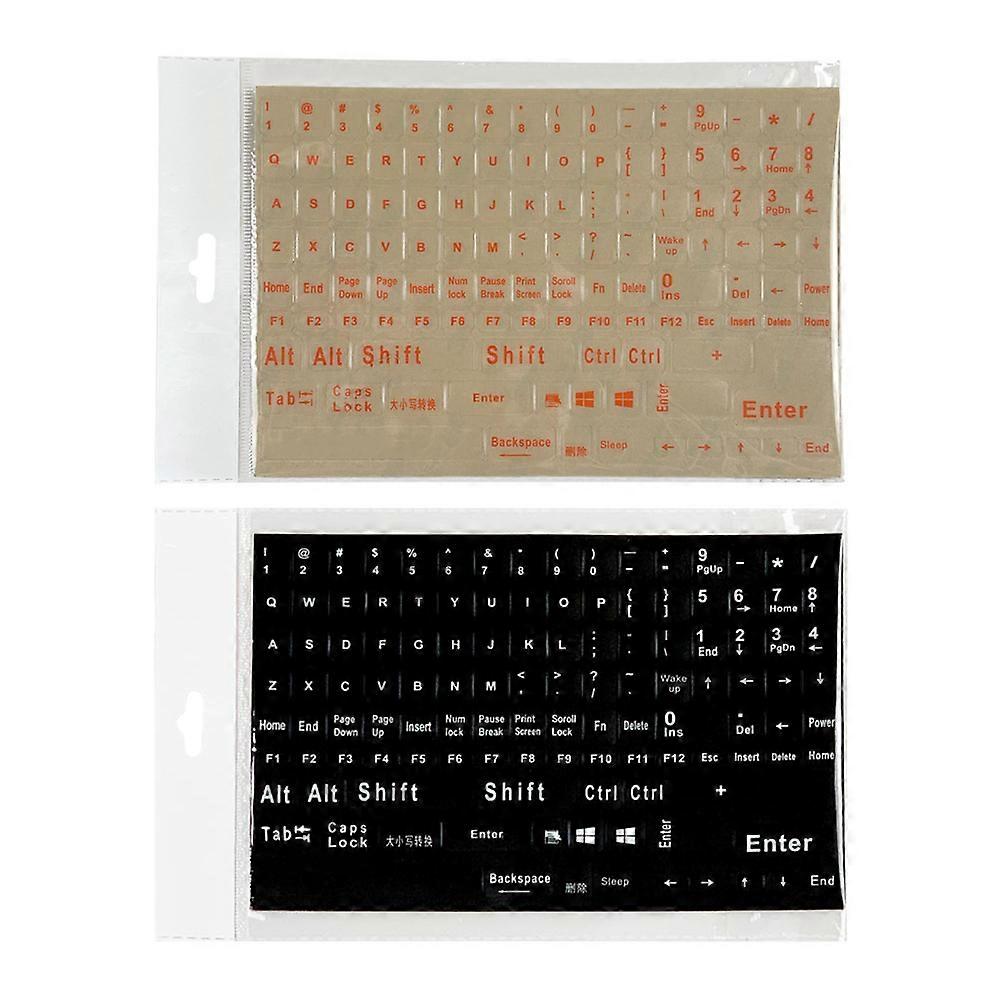 English Keyboard Stickers 2 Sheets, Black Background with White and Transparent Orange Letters, Easy Application, Universal Fit for Laptops and