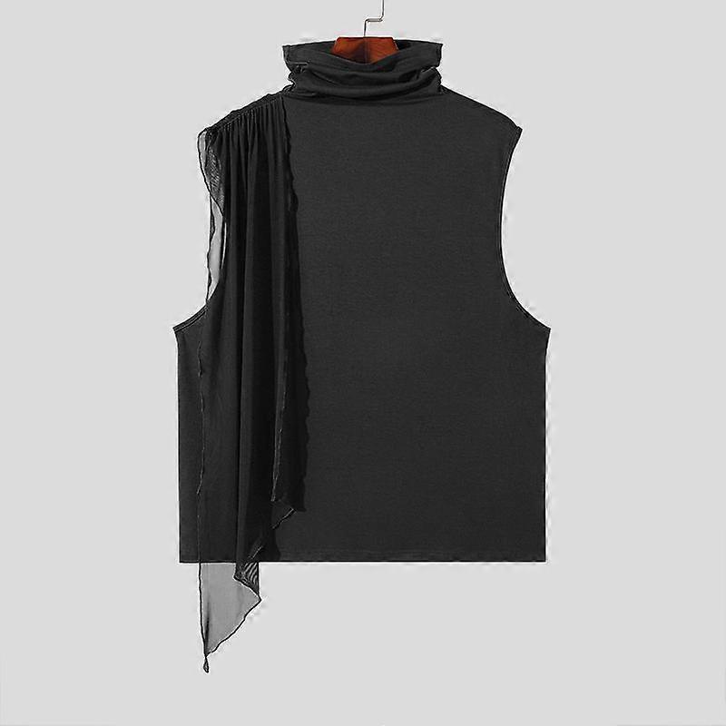 INCERUN Men High Neck Sleeveless Patchwork Tank Tops Casual Ruffled Lace Summer Vest