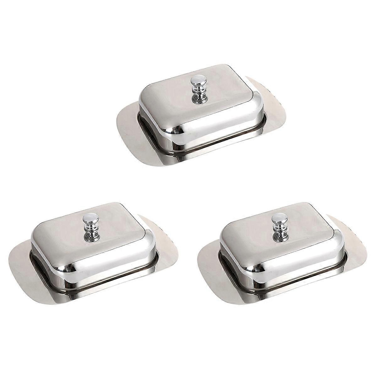 3X Luxious Stainless Steel Butter Dish Box Container Shiny Cheese Server Storage Keeper Tray with Ea