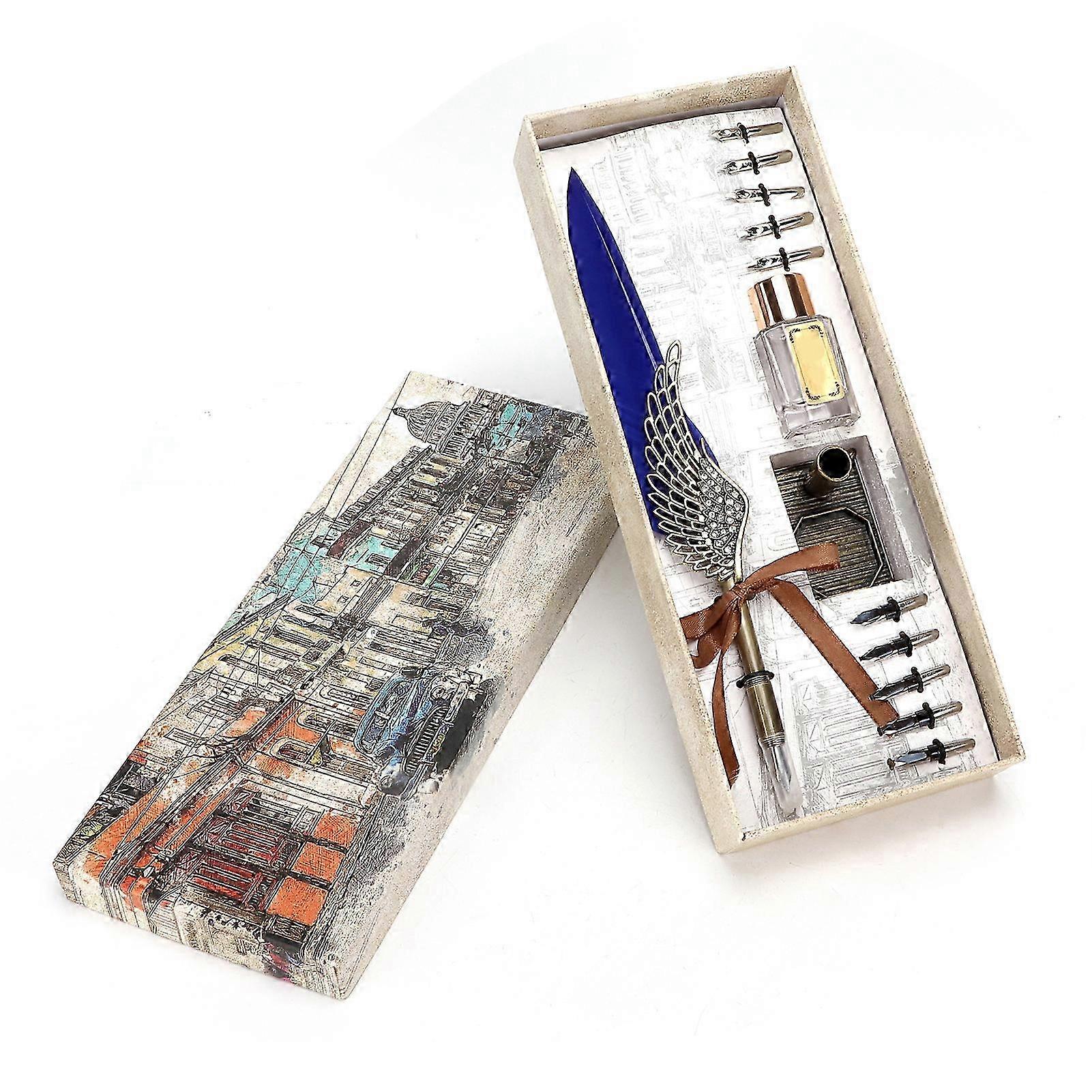 Vintage Feather Pen Set Metal Writing Kit for Couples or Teachers Gift - Blue