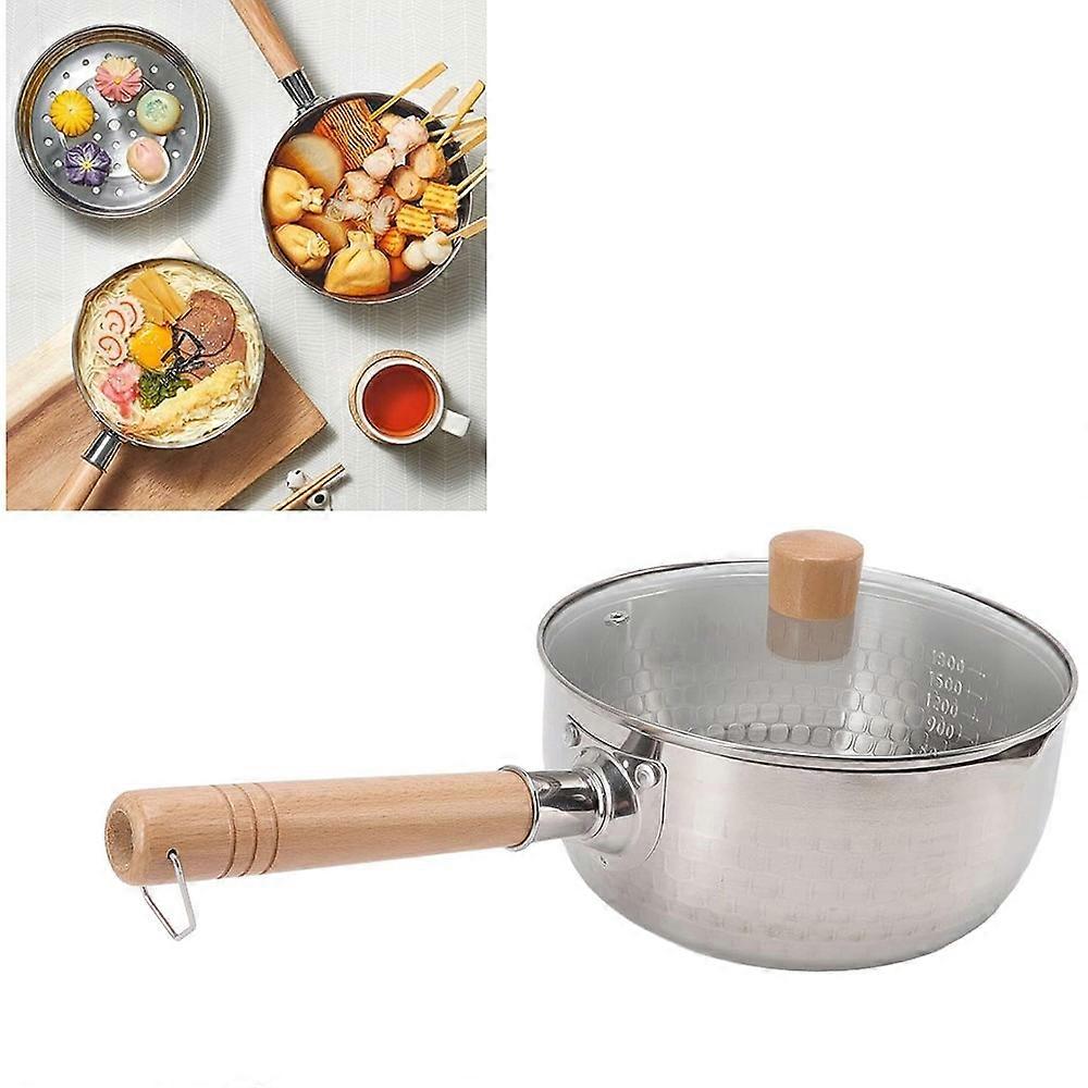 Japanese Saucepan with Lid Wooden Handle Stainless Steel Milk Soup Pot, Diameter: 20cm (BPA Free, No FDA)