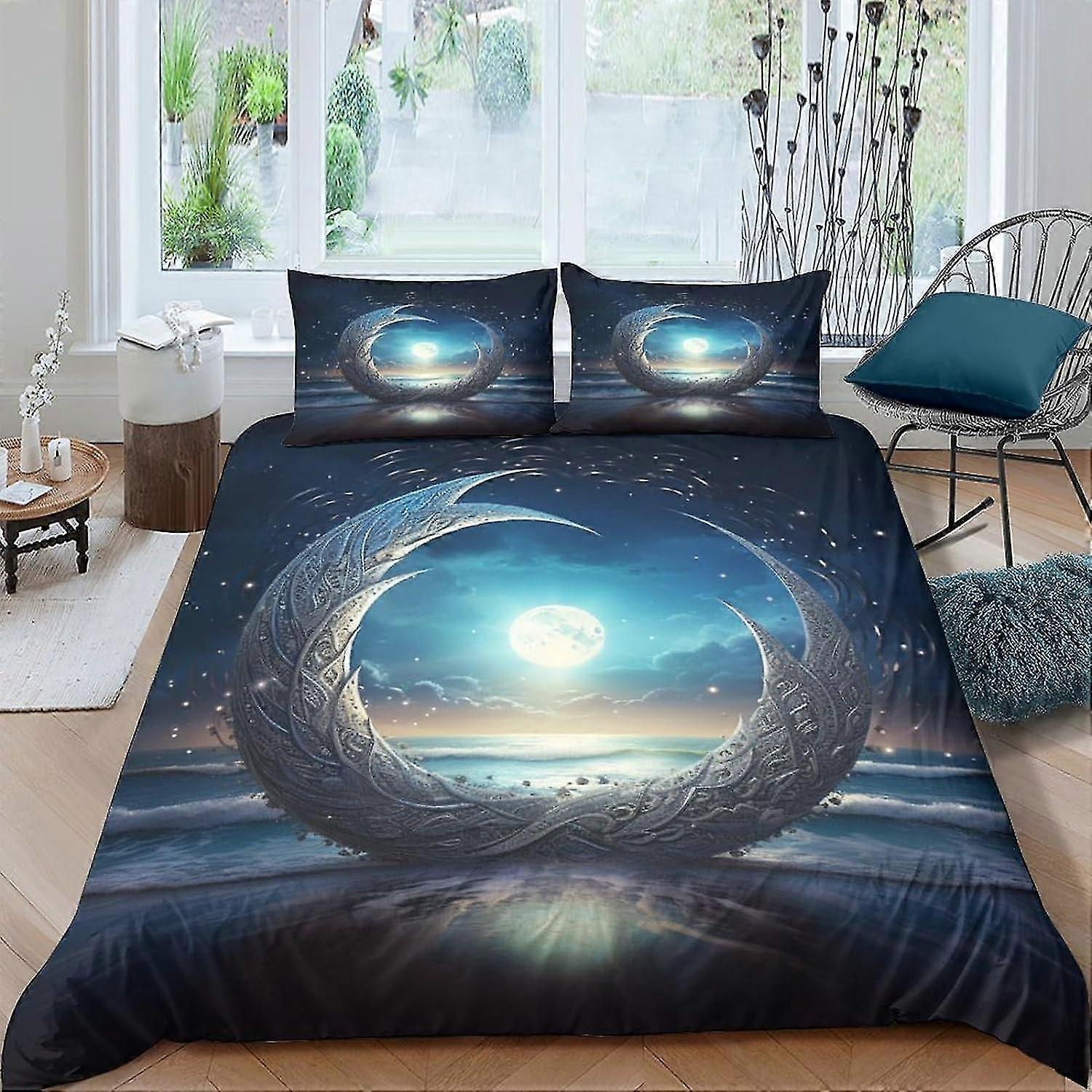 Ocean Moon Printed Conjunto de Capa de Edredão Conjunto de Capa de Edredão Capa de Edredom Impressa em 3D 3 Peças para Crianças Adolescentes Meninos com Fecho de Zíper