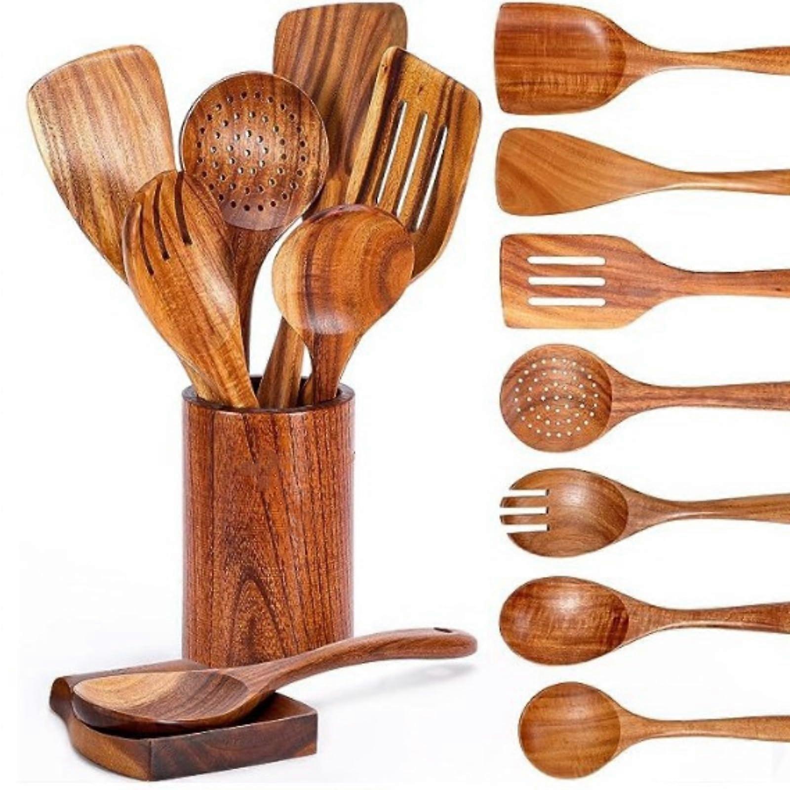 Wooden Cooking Spoons Set of 9 – Teak Wood Kitchen Utensils for Stirring, Mixing and Serving