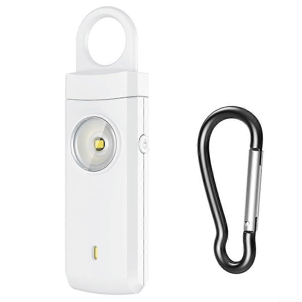 Slim and portable, rechargeable keychain light with a powerful 130 dB alarm system (white).
