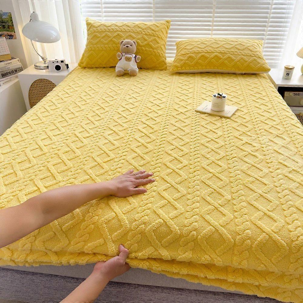 90x200cm Fitted Sheet Polyester Taffeta Bed Cover with Elastic Band + 2 Pillowcase - Lemon Yellow