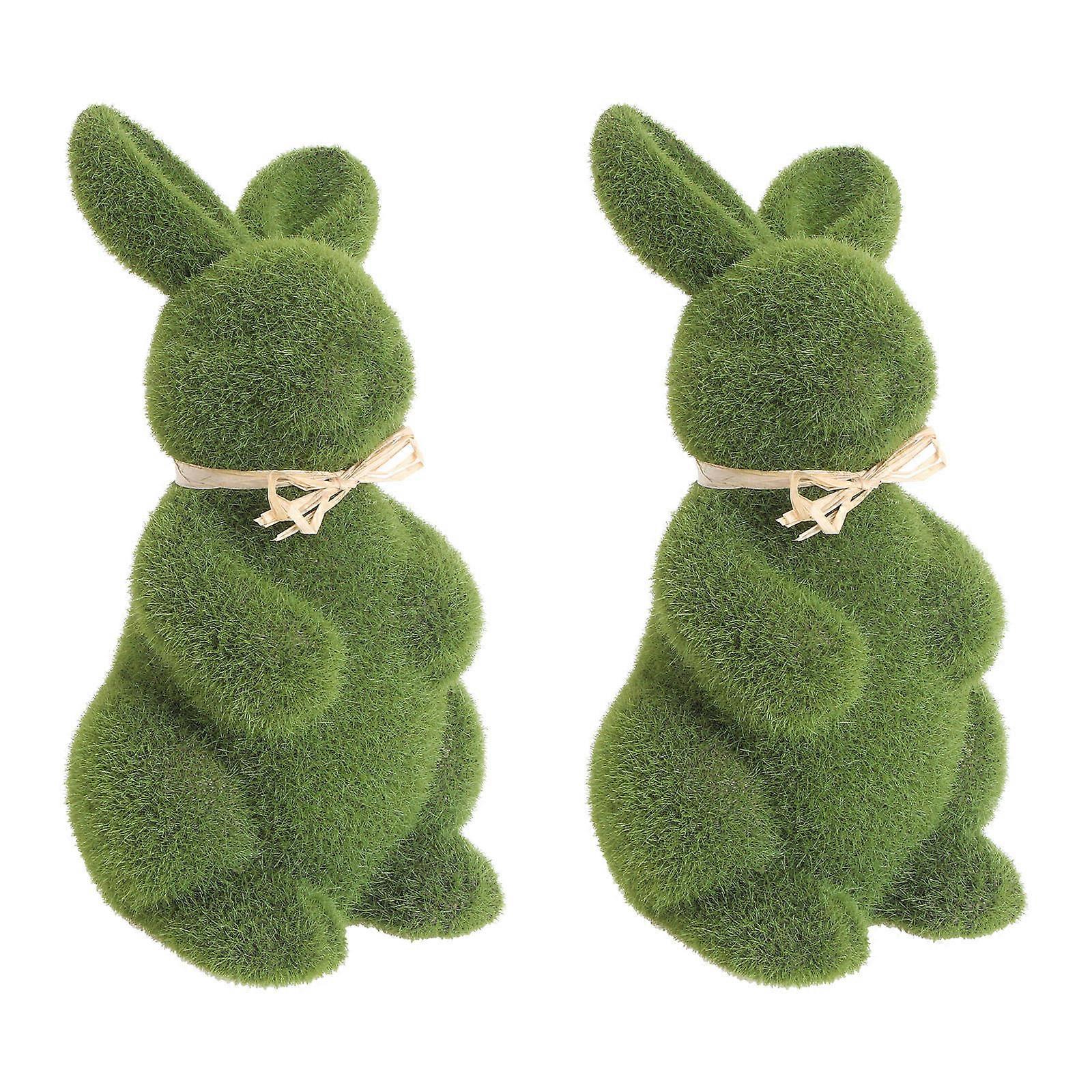2pcs Lifelike Bunny Figurine Creative Short Plush Simulation Moss Rabbit Ornaments for Easter Home Office Living Room Decoration (Green)