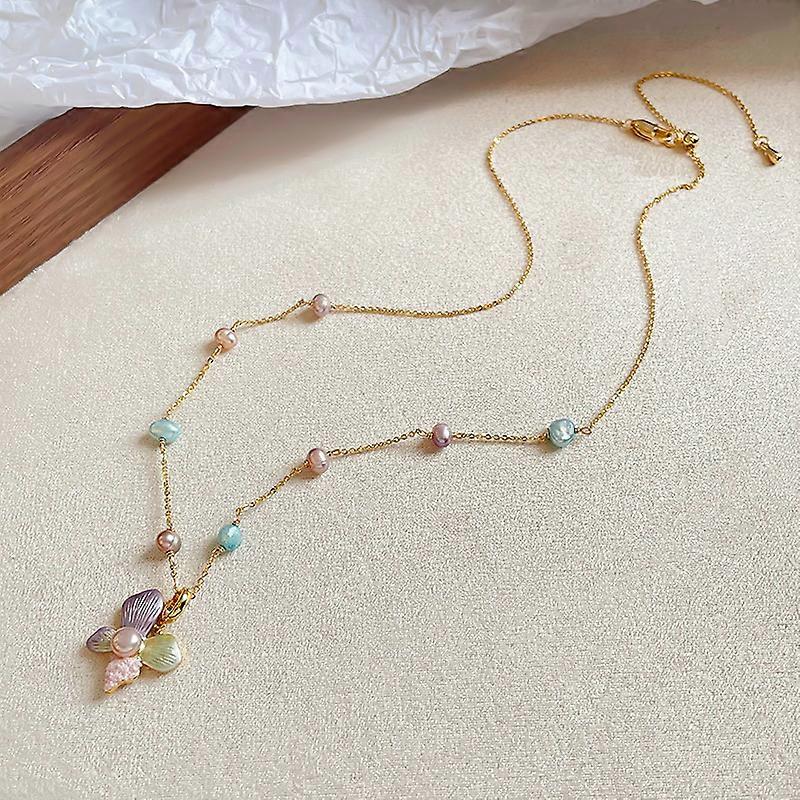 Bohemian - Style Gold Necklace, Adorned with Colored Pearls & Shell - Like Charms, Delicate & Nature - Inspired, Perfect for Beach Vacations