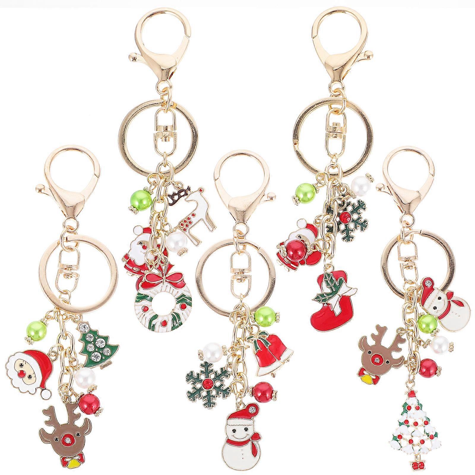 Christmas Key Chain with Elk and Snowman Designs for Decor Assorted Color Alloy 5 Pieces