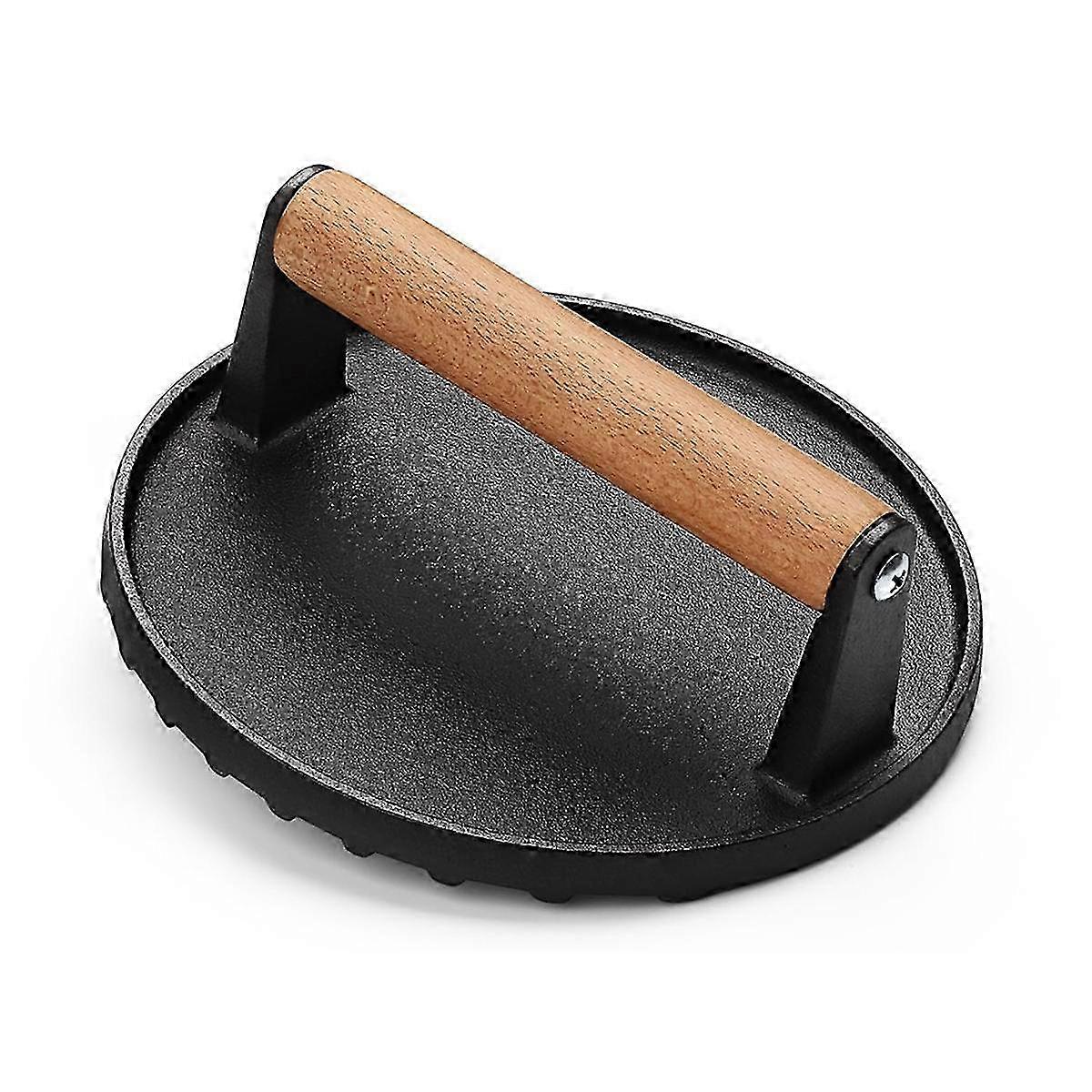 Burger Press 7Inch Round Cast Iron Smash Bacon Press Meat Steak with Wood Handle for Griddle, Sandwich, Nonstick Pan